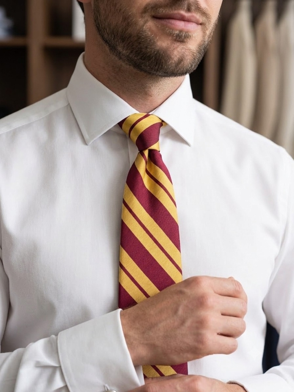 Ben Silver Charleston London Silk Repp Tie Burgundy Gold Striped